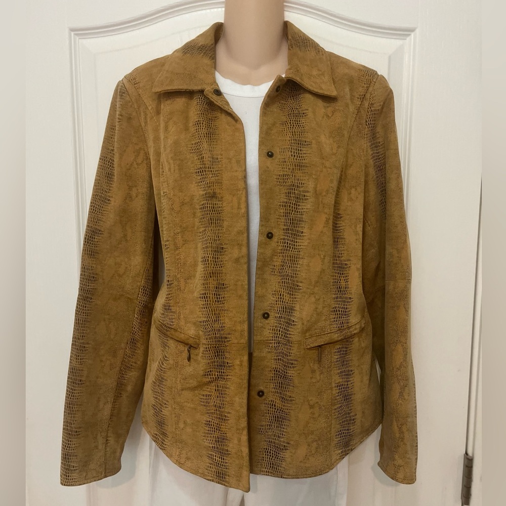 Bradley Bayou Coastal Cowgirl Caramel Tan Snakeskin Print Suede Leather Jacket M - Picture 3 of 12